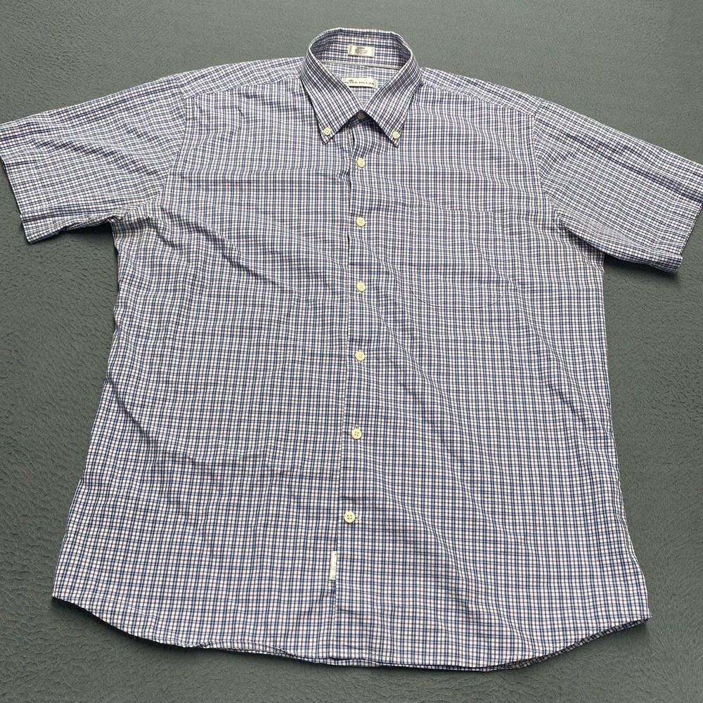 Peter Millar Shirt Mens Large Blue Purple Plaid Short Sleeve Button Down Casual